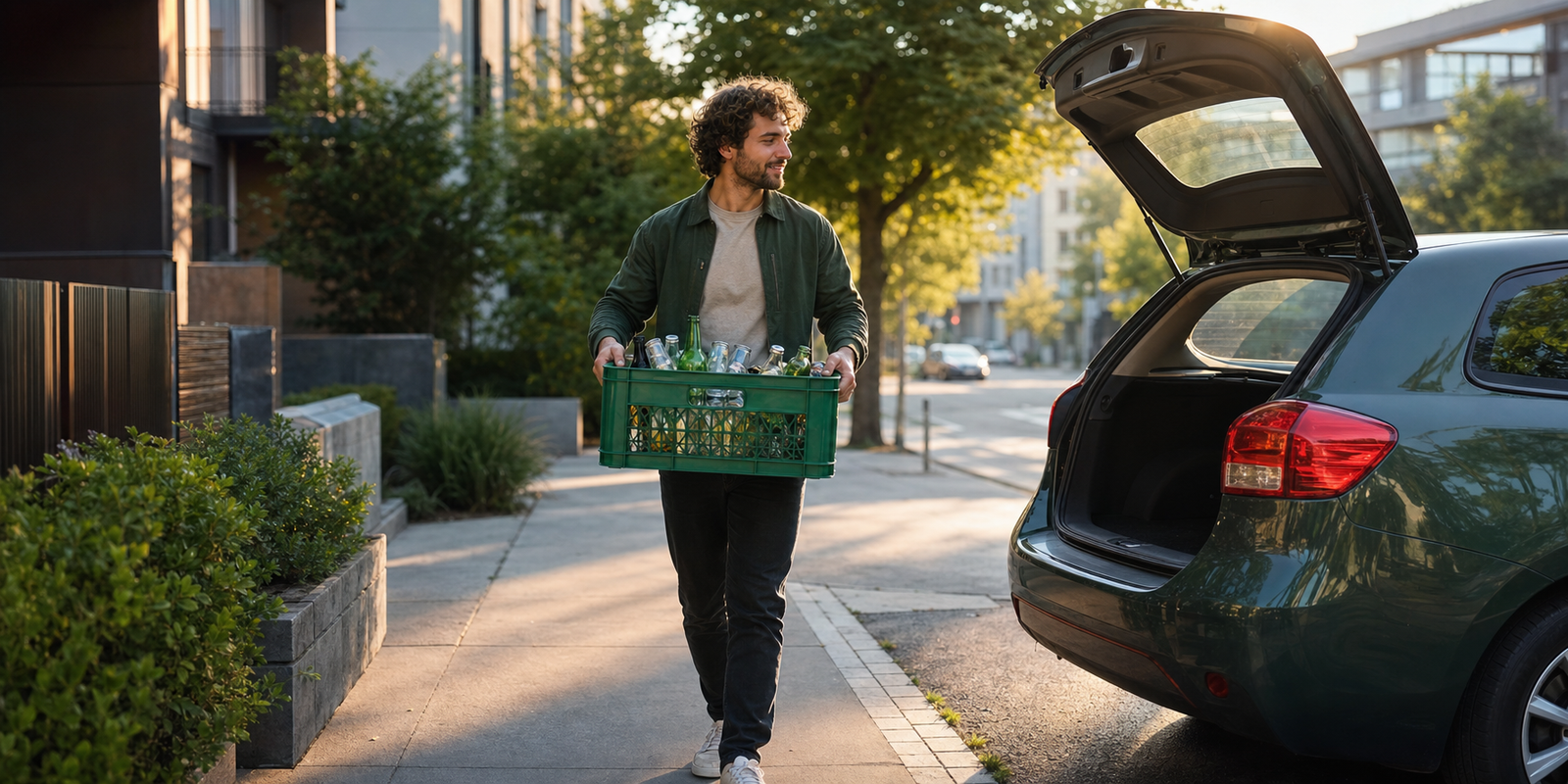 Surinkėjas neša tarą į automobilį